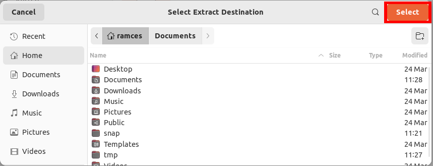A window showing the location where you can unzip the tar.gz file.