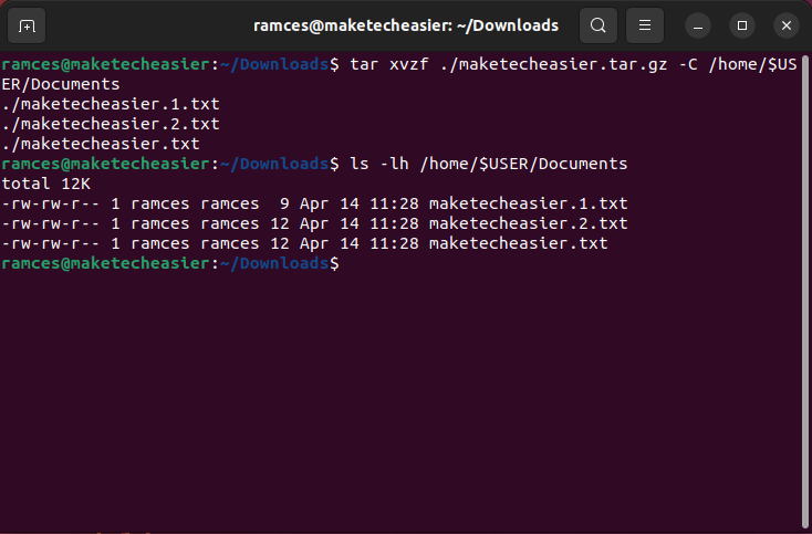 A terminal showing the contents of the Documents folder after unzipping.