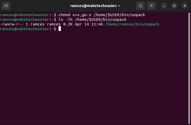 A terminal showing the correct permission bits for Unpack.
