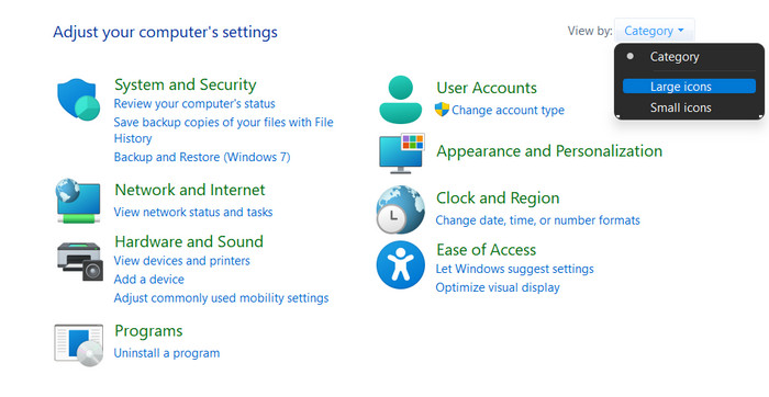 Switching to "Large icons" in Control Panel. 