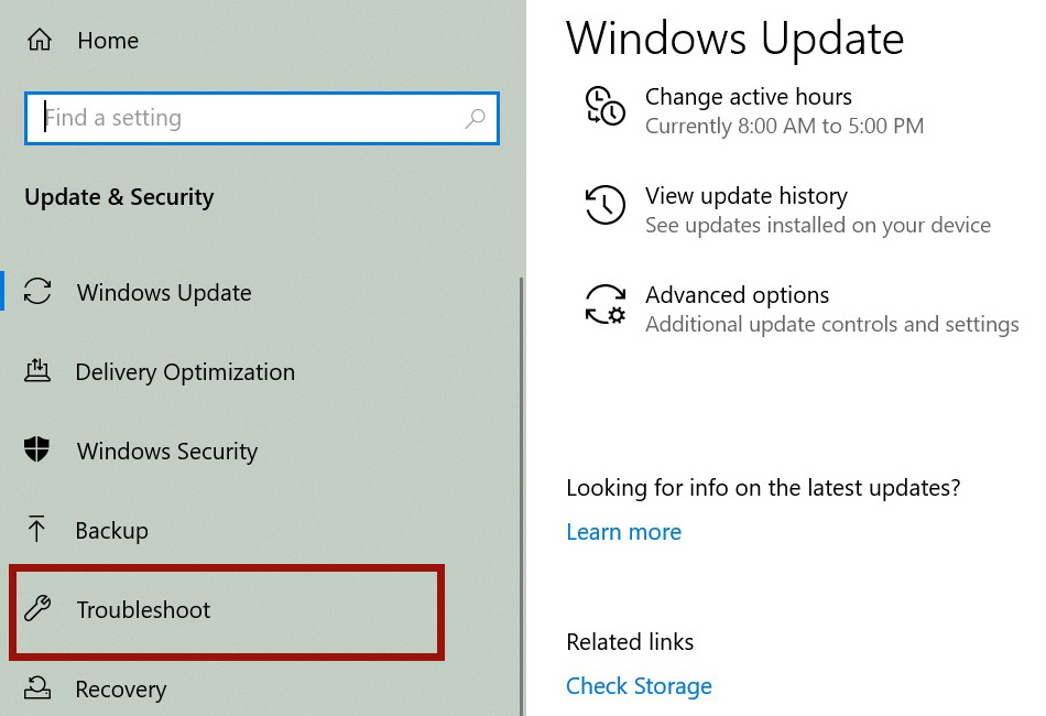 Navigating to the "Troubleshoot" section in Windows 10 Settings.