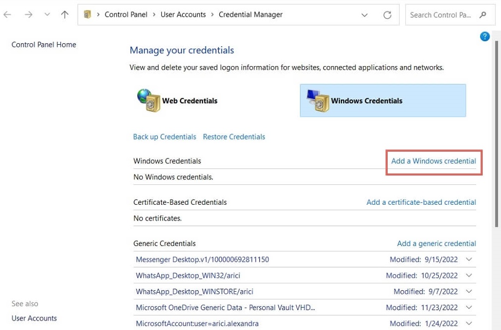 Adding "Windows credential" to Credential Manager.