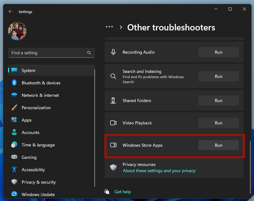 Clicking on the "Run" button next to "Windows Store Apps."