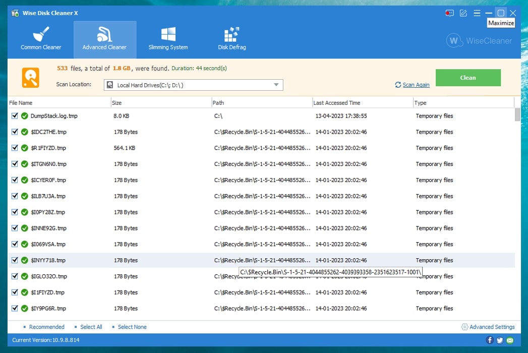 Wise Data Cleaner interface overview in Windows. 