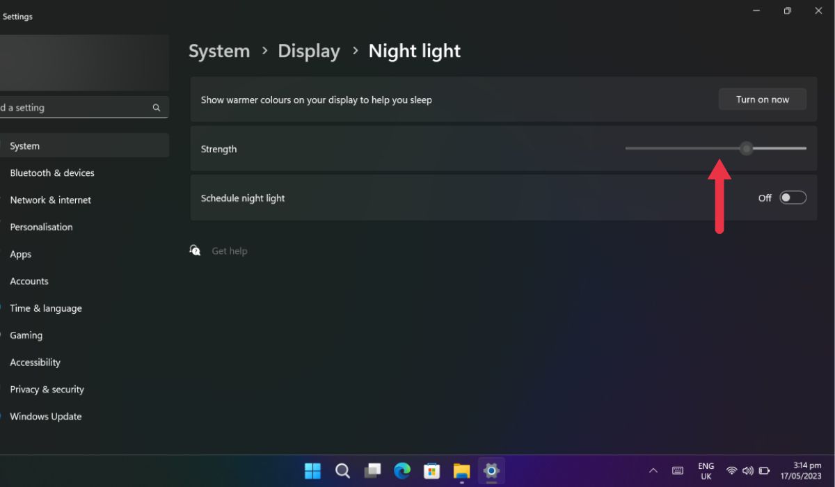Strength slider under "Night light" section in Windows Settings.