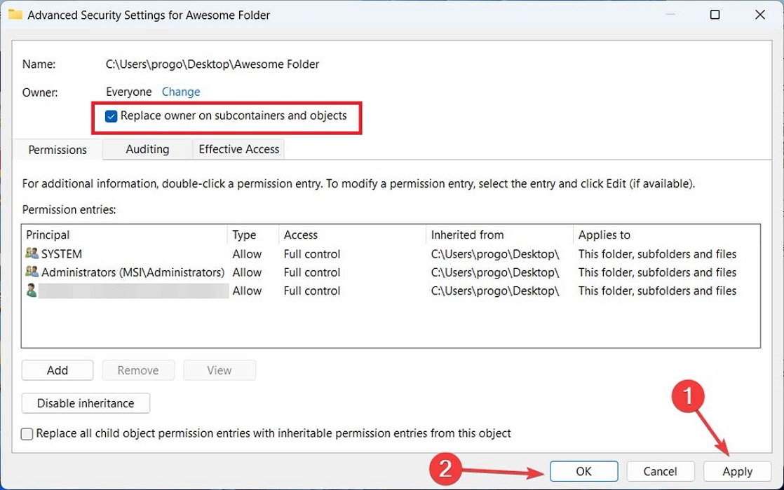 Finalizing process in Advanced Security Settings window. 