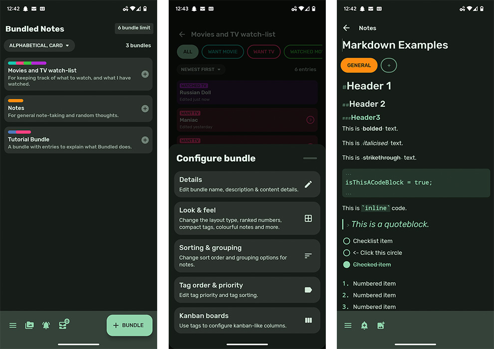 Screenshots from from Bundled Notes app on Android. 