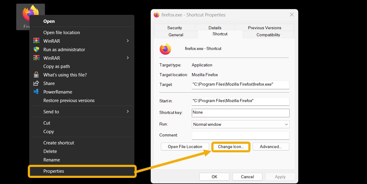 Clicking on "Change icon" button under program properties. 