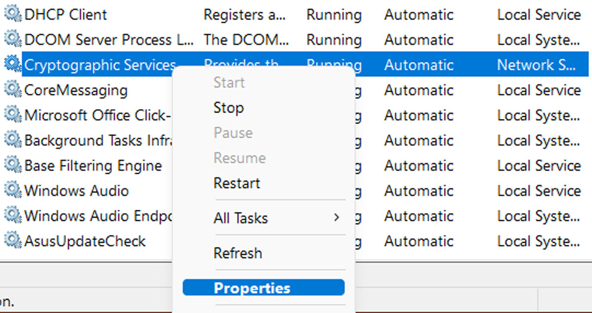 Right-clicking Cryptographic Services option in Services app. 