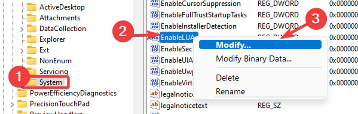 Right-clicking "EnableLUA" key in Registry Editor to modify it.