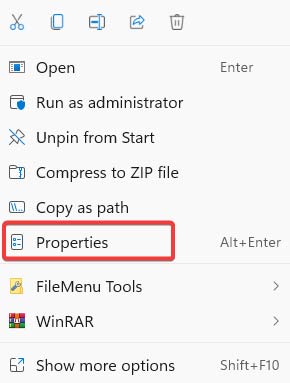 Clicking "Properties" from the app file context menu. 