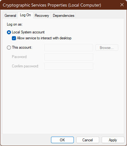 Enabling "Local System account" option in properties for Cryptographic Services.