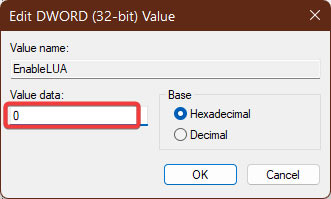Changing value of key in Registry Editor.