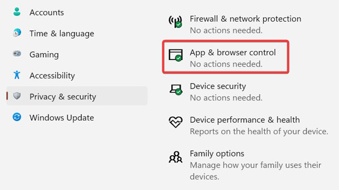 Selecting "App & browser control" option from Windows Security.