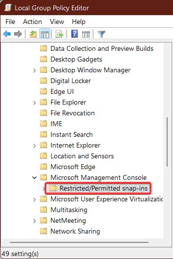 Navigating to "Restricted/Permitted snap-ins" in Local Group Policy Editor.