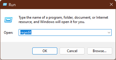 Typing "regedit" in Run window.