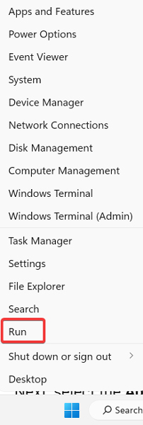 Selecting "Run" in WinX menu.