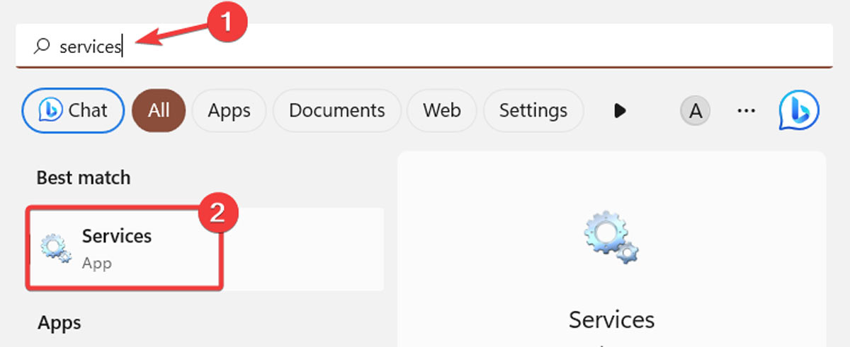 Opening Services app from Start menu.