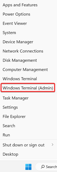 Selecting "Windows Terminal (Admin)" from WinX menu.
