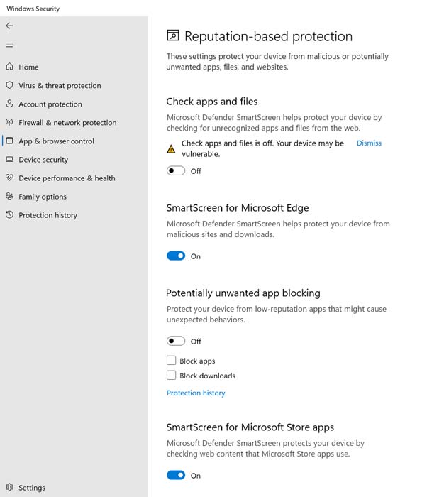Disabling "Check apps and files" and "Potentially unwanted app blocking" filters" in Windows Security.