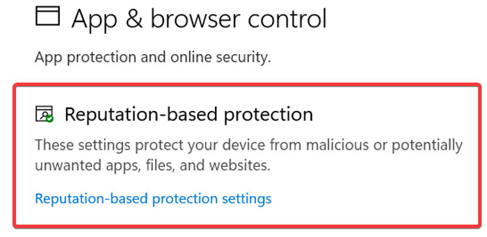 Clicking on "Reputation-based protection settings" option in Windows Security.