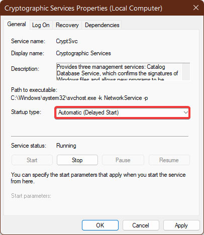 Selecting a new "Startup type" mode for Cryptographic Services.