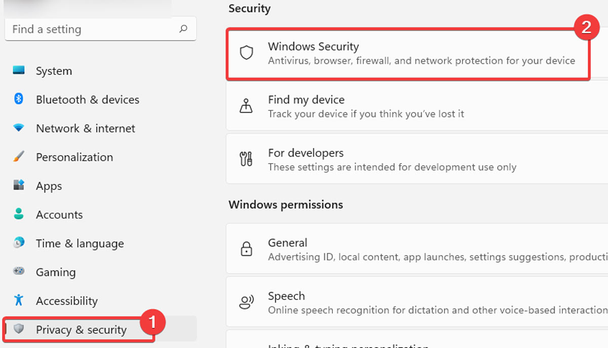 Navigating to Windows Security via Settings.