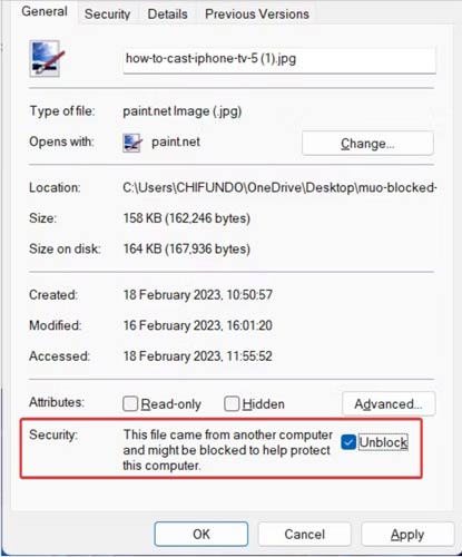 Enabling "Unblock" option under Security in app properties.