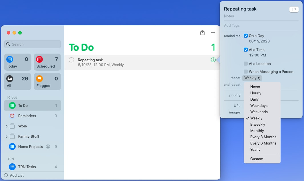 Apple Reminders repeating task settings