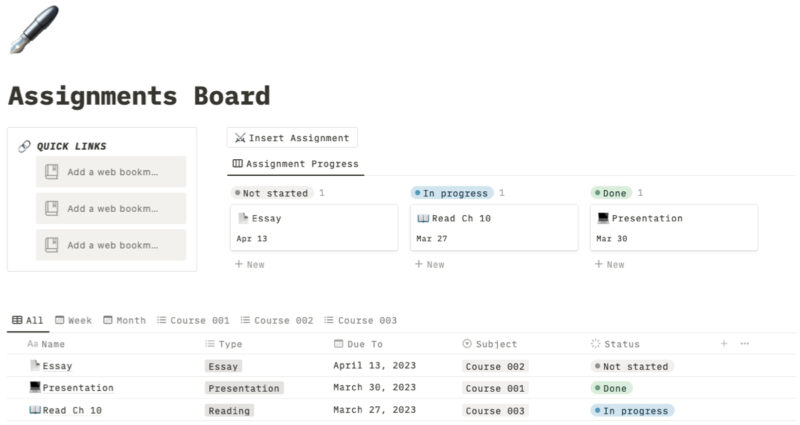 Assignments Board template main page