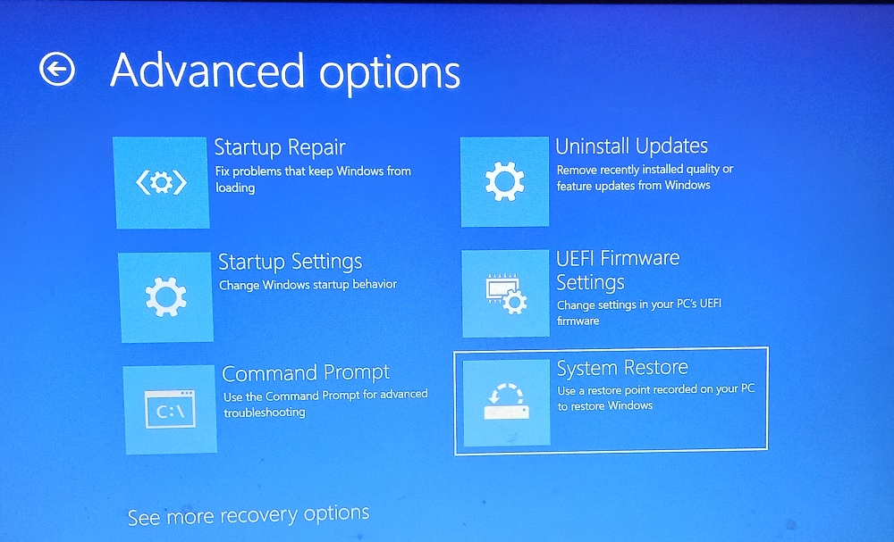 Choosing system restore in Advanced options for Windows. 