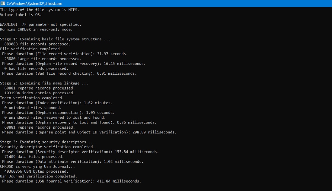 Various stages of Chkdsk process in Command Prompt,