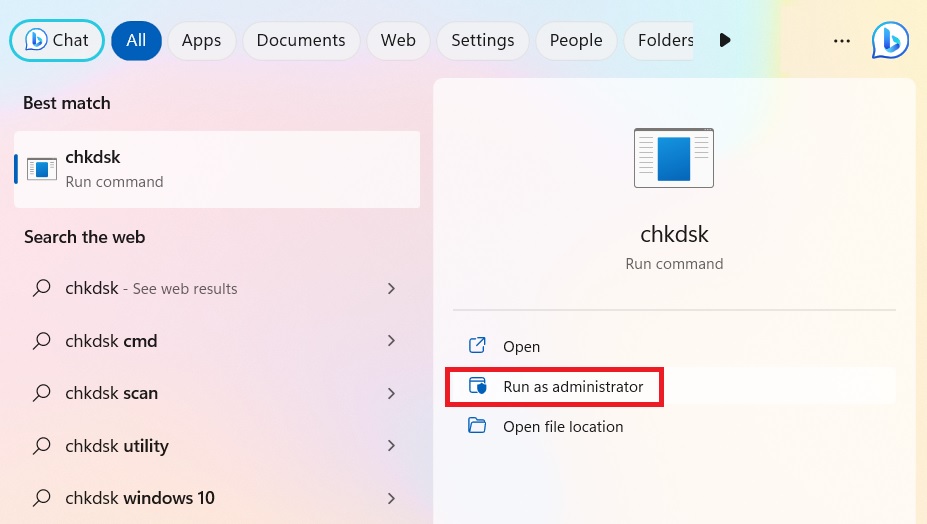 Open Chkdsk run command as Administrator. 