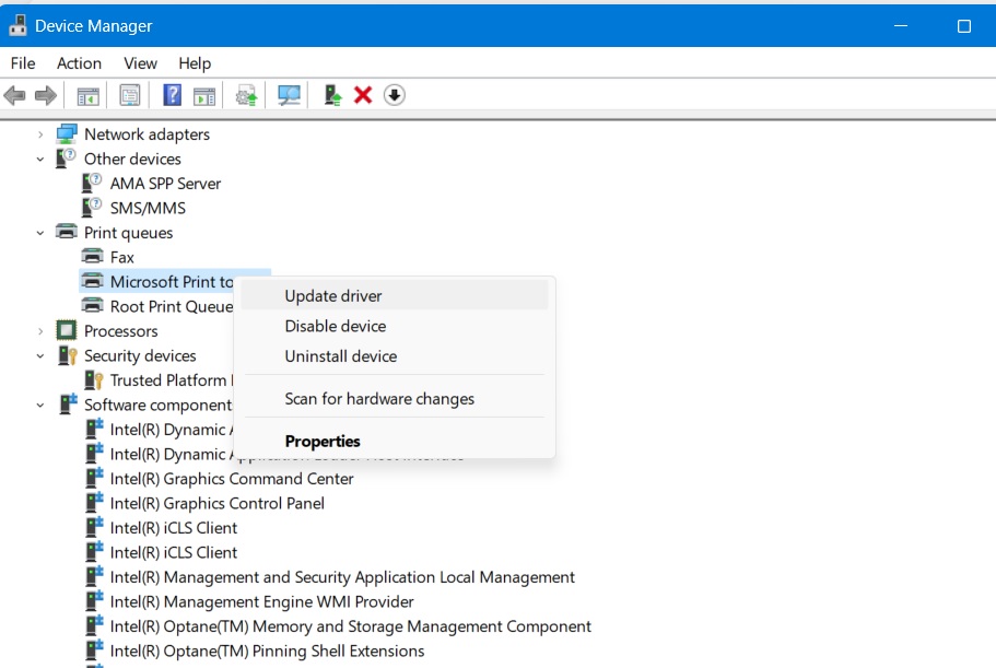 Update problem drivers in Device Manager through a right-click. 