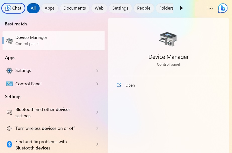 Search for device manager in Windows search menu. 