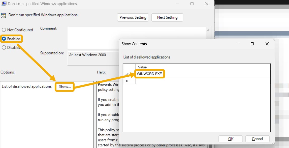Ticking "Enable" option for "Don't run specified Windows applications" value in Group Policy Editor.