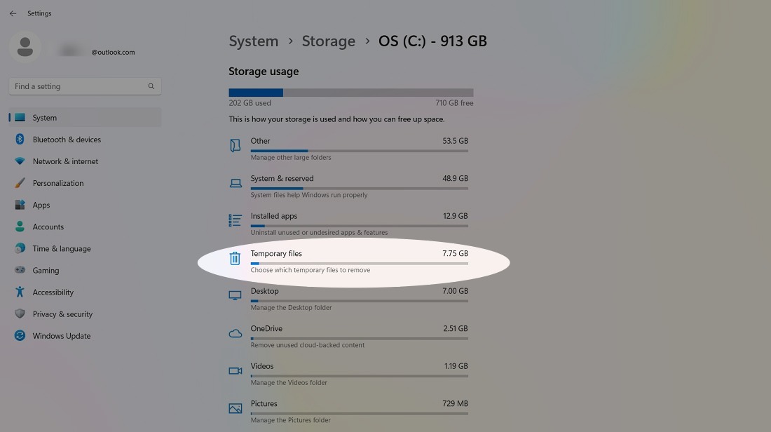 Temporary files visible under Storage in System.