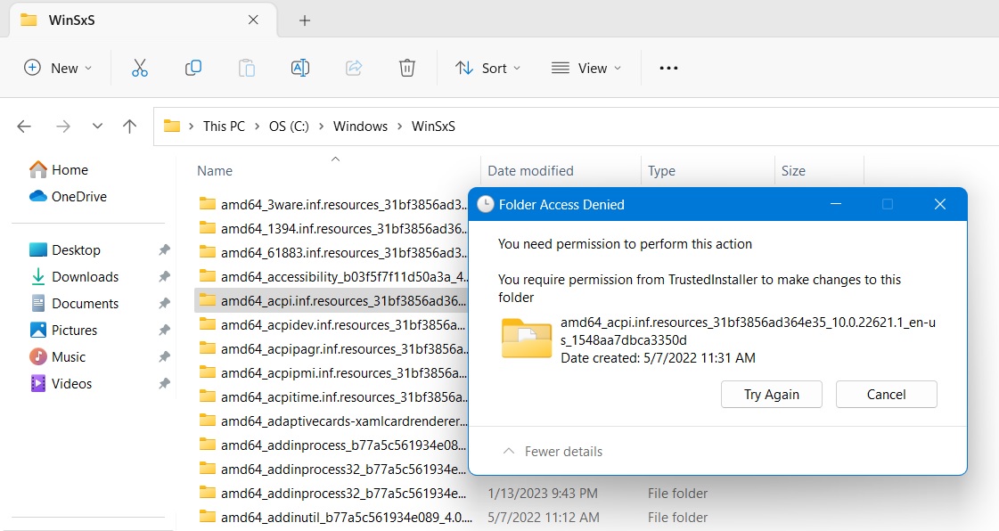 Warning message while trying to delete files from WinSxS folder.