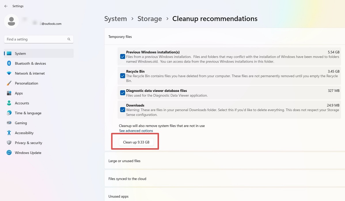 Click "Clean up" under Cleanup recommendations of Storage.