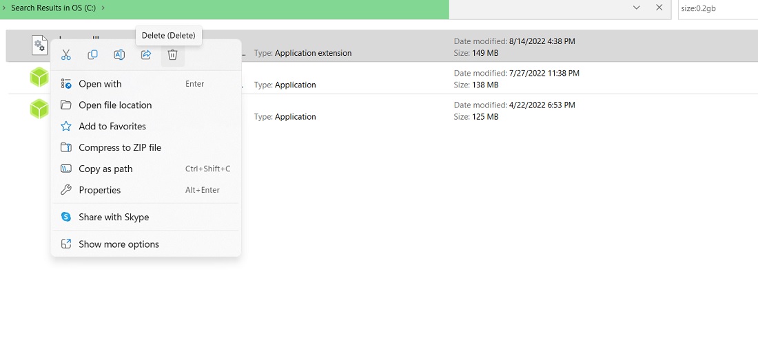 Delete large files of a certain size by searching for the size range.