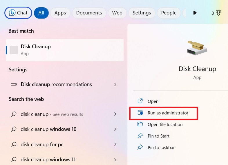 Disk Cleanup app run as administrator in search bar.