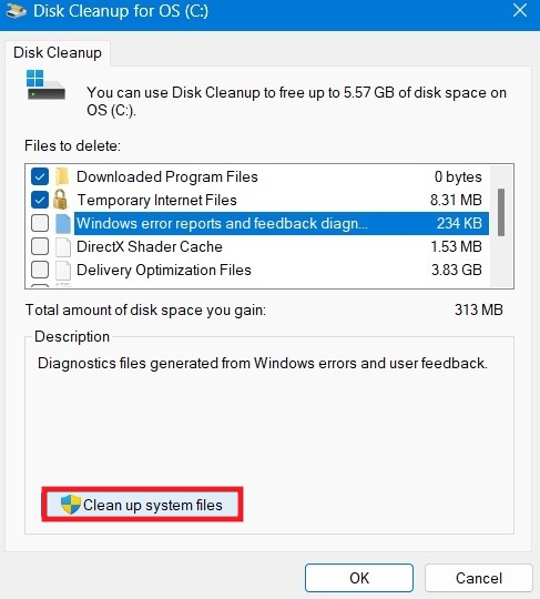 Click Clean up system files under Disk Cleanup.