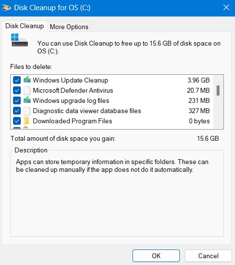 free-disk-space-c-drive-properties Files to delete checkboxes under Disk Cleanup for C drive.