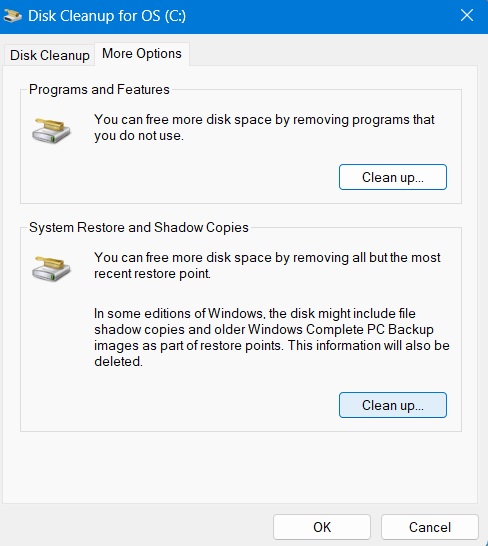 free-disk-space-disk-cleanup Click clean up next to System Restore and Shadow Copies in Disk Cleanup.