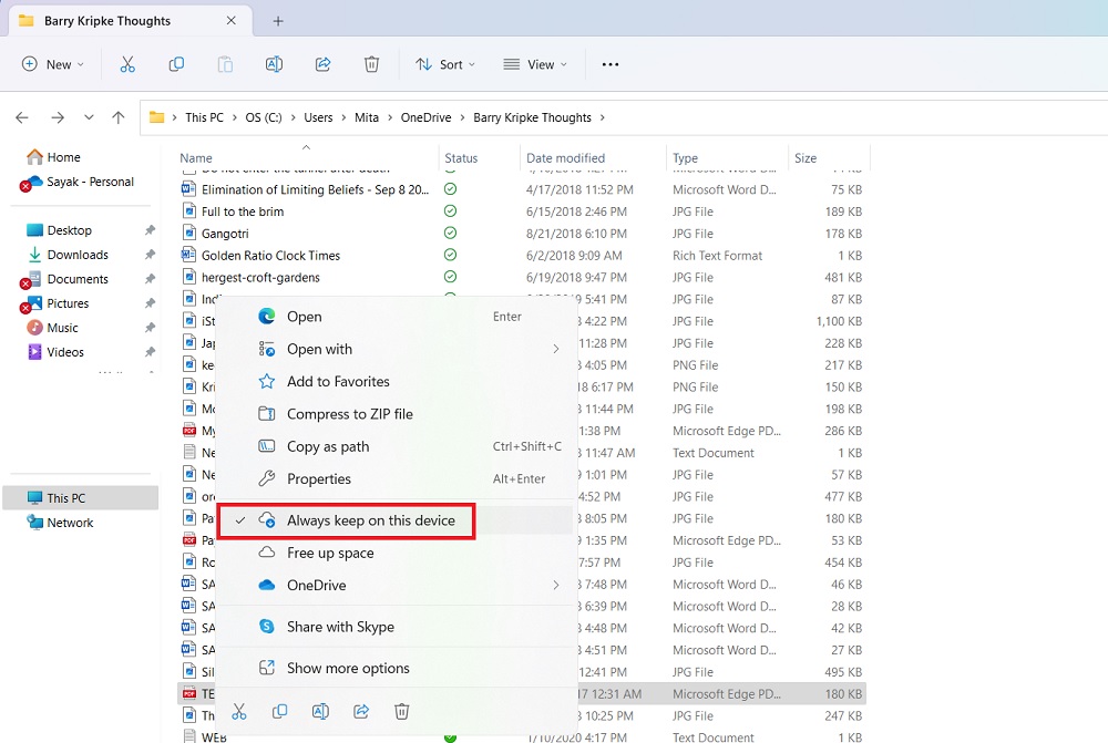 OneDrive always keep on this device.