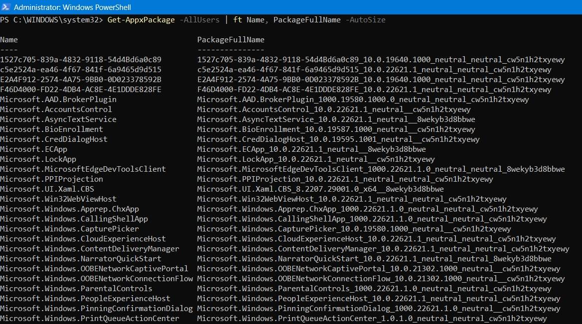 List of all available packages listed in PowerShell for all users.