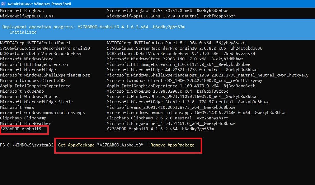 Remove application command initialized in PowerShell for a specific application by name.