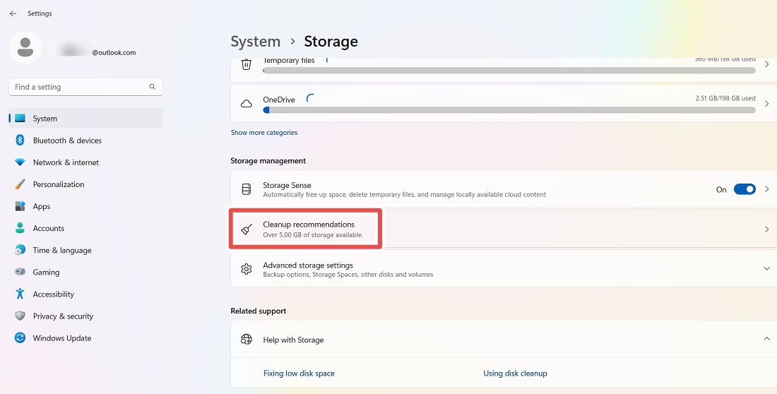 Click Cleanup Recommendations under Storage Management.