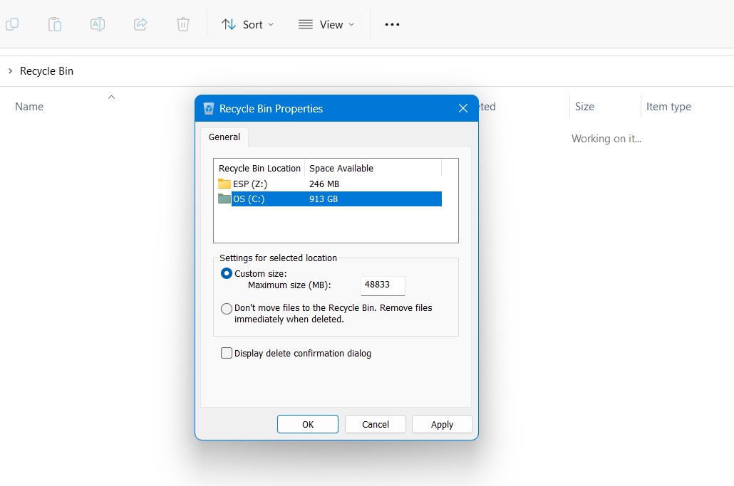 Recycle Bin Properties inside Recycle Bin folder.