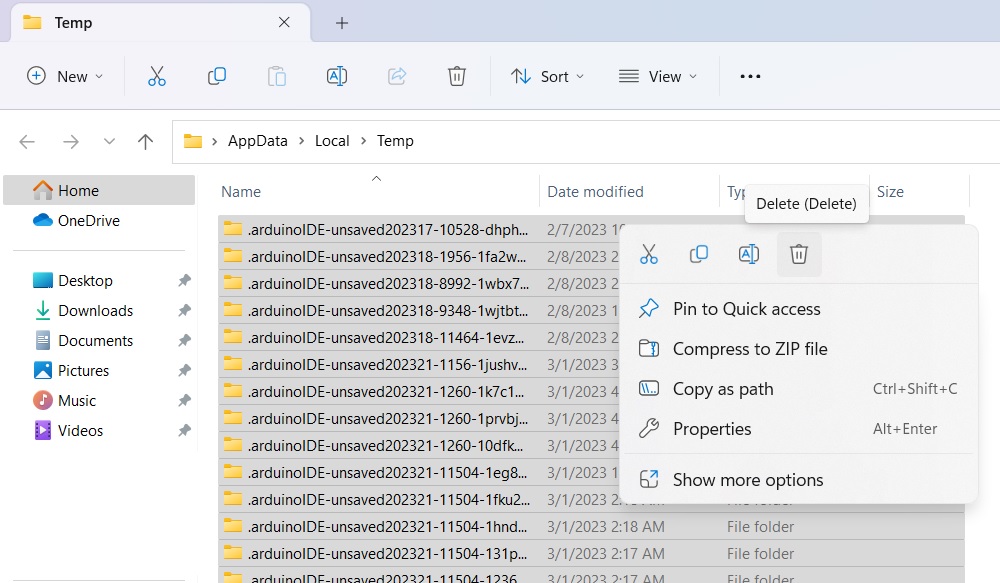 Right-clicking to delete Temp files.